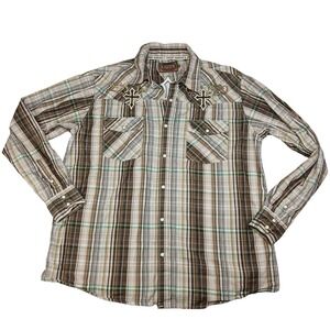 Cowboy Hardware Mens XL Plaid Western Snap Shirt Embroidered Cross Studded Brown
